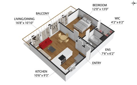Floor plan for 1 bed, 1 bath, 650 sqft